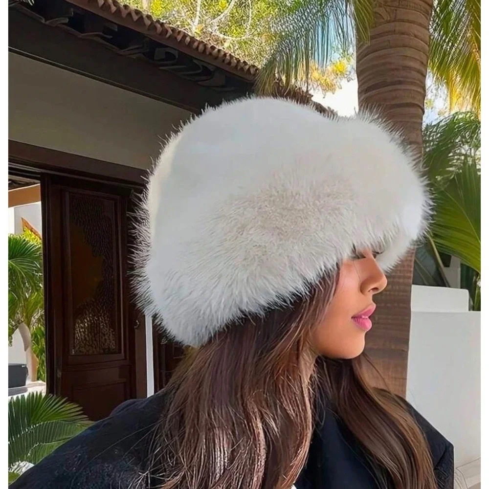 NEW Mongolian Fluffy Furry White‎ Faux Fur Luxury Ear Coverage Bucket Beanie Hat